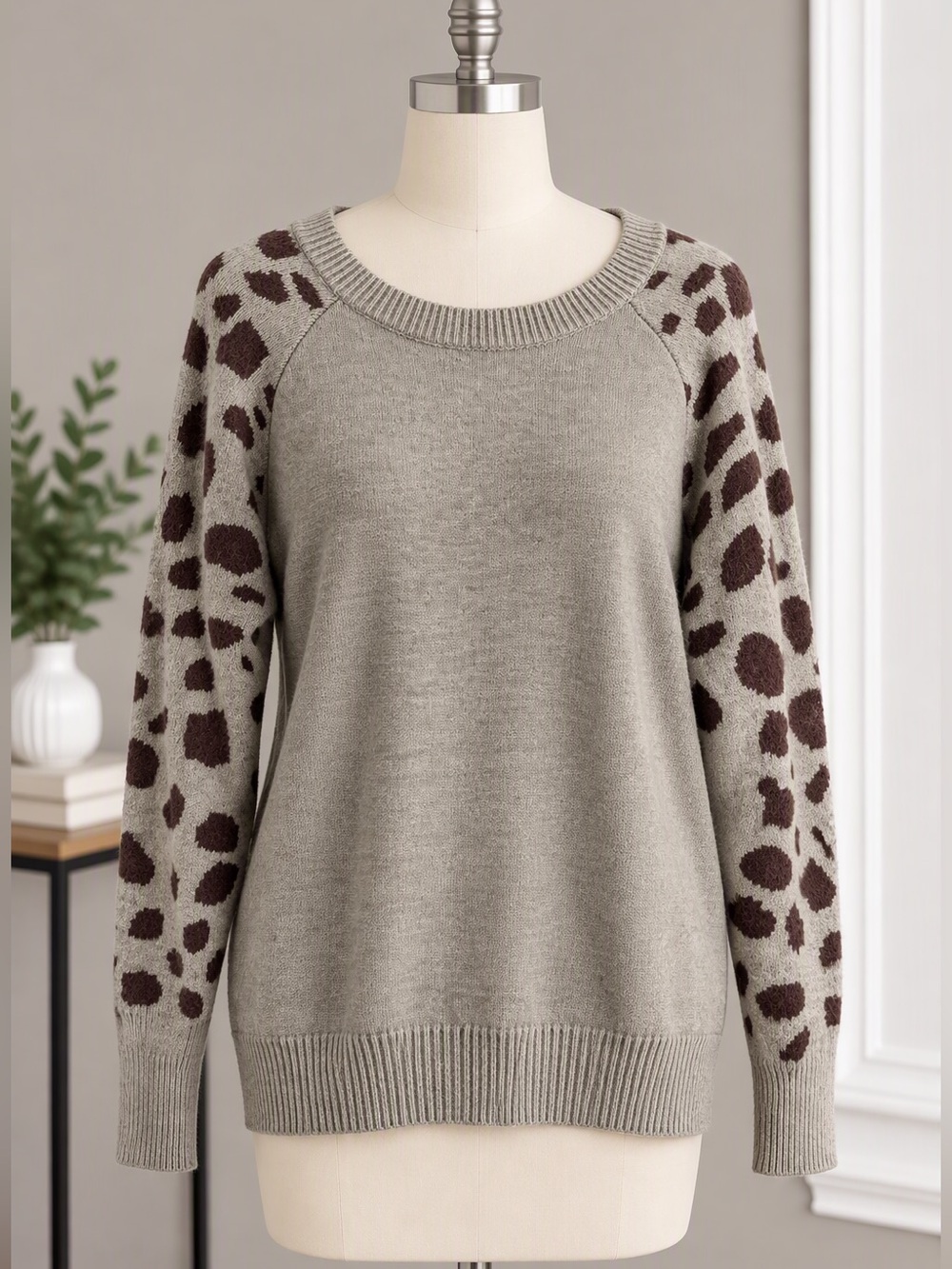SHEIN Taupe Crewneck Sweater with Leopard-Print Sleeves